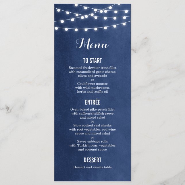 Tarjeta de menú Boda de luces de cadena azul de ma (Anverso)