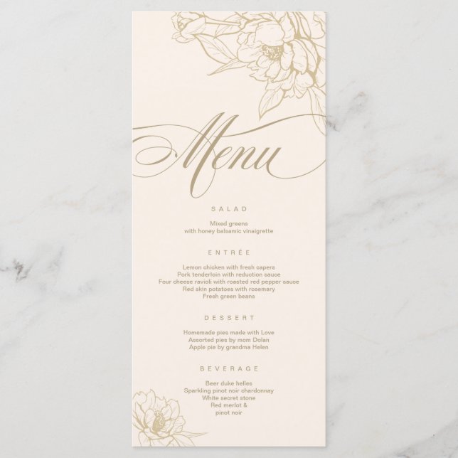 Tarjeta de menú Boda de marfil, con flores de oro  (Anverso)