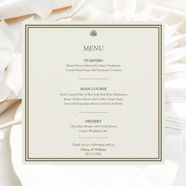 Tarjeta de menú Boda de marfil y oro | Clásico ele (Elegant square wedding menu card with minimalist gold border and palm accents.)