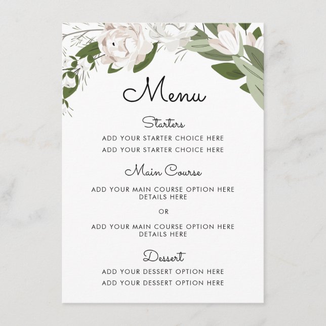 Tarjeta de menú Boda de marfil y Rubor Sprigs (Anverso)