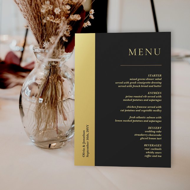 Tarjeta de menú Boda de moda negro y oro brillante (Chic Black and Shiny Gold Wedding Table Menu Card)