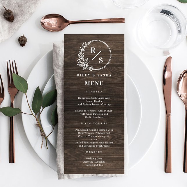 Tarjeta de menú Boda de monograma rústico (Subido por el creador)