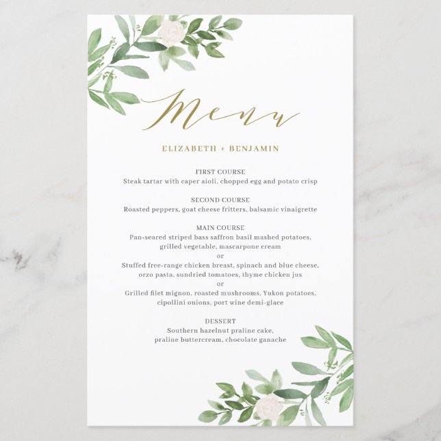 Tarjeta de menú Boda de oro floral blanca y verde (Anverso)