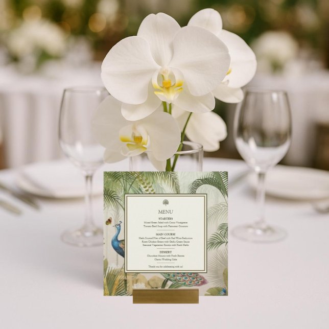 Tarjeta de menú Boda de palo de pavo real tropical (Elegant Peacock & Palm Wedding Menu Card – Tropical Reception Table Decor)