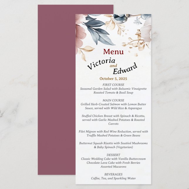 Tarjeta de menú Boda de Peony Luxe para victoriano (Anverso / Reverso)