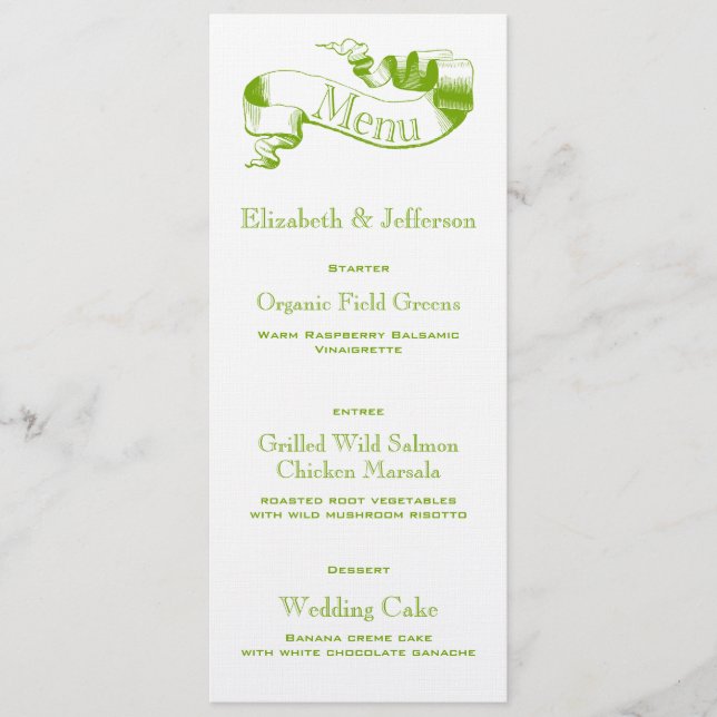 Tarjeta de menú Boda de pergamino verde primavera (Anverso)