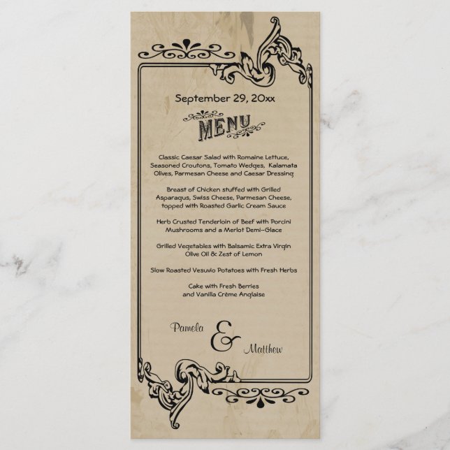 Tarjeta de menú Boda de Personalizable inspirado e (Anverso)