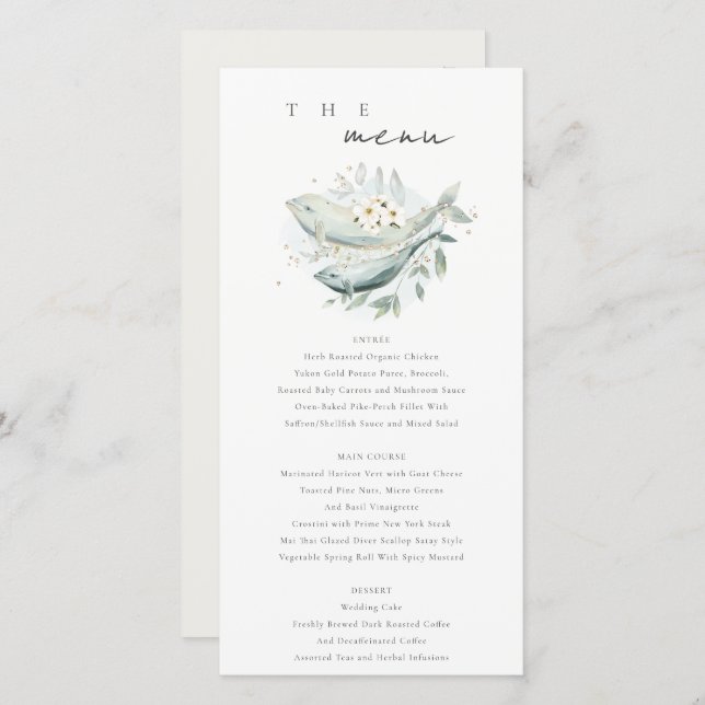 Tarjeta de menú Boda de pescado floral dorado suba (Anverso / Reverso)