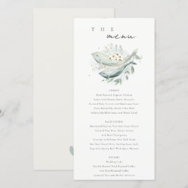 Tarjeta de menú Boda de pescado floral dorado suba