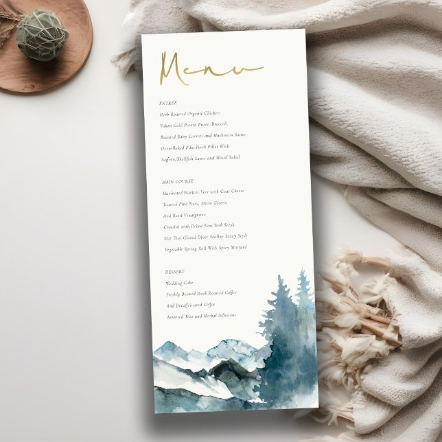 Tarjeta de menú Boda de pino gris Rubor Blue Mount (Subido por el creador)