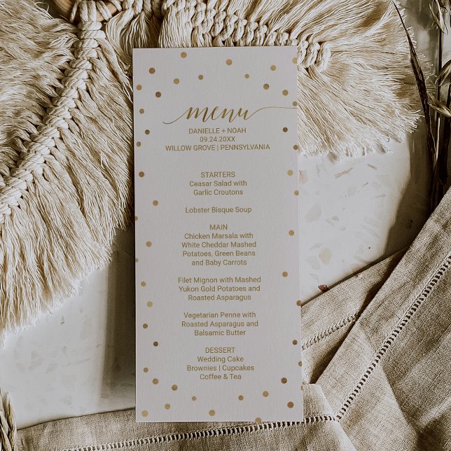 Tarjeta de menú Boda de puntos de polka dorados (Subido por el creador)