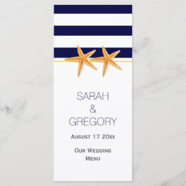 Tarjeta de menú boda de rayas blancas azules de la