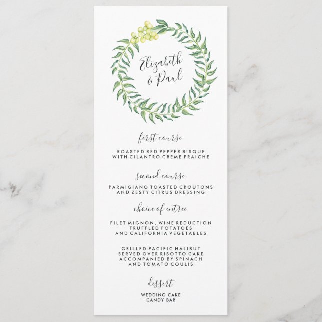 Tarjeta de menú Boda de rosas y aceitunas (Anverso)