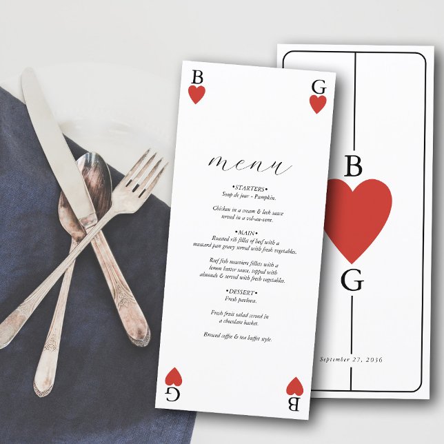 Tarjeta de menú Boda de tarjetas de Monograma (Monogram Hearts Playing Card Wedding Menu Card)