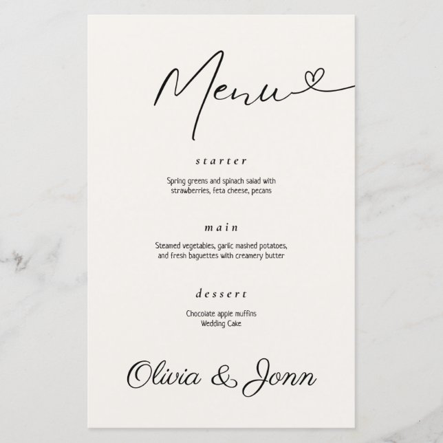 Tarjeta de menú Boda de tipografía moderna minimal (Anverso)