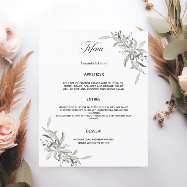 Tarjeta de menú boda de vegetación verde sabio (Subido por el creador)