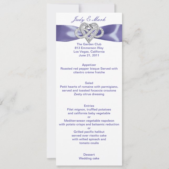 Tarjeta de menú Boda del corazón azul morado infin (Anverso)