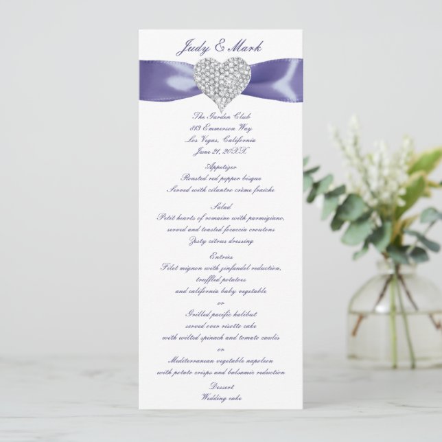 Tarjeta de menú Boda del corazón del diamante azul (Anverso de pie)