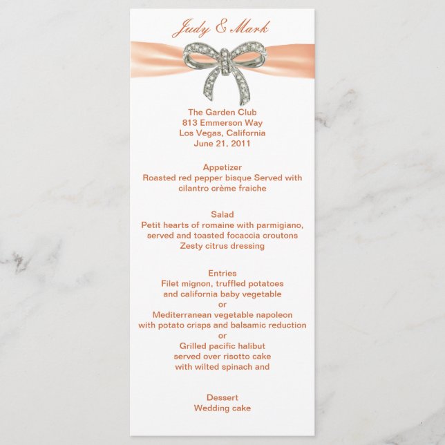 Tarjeta de menú Boda Diamond Bow naranja (Anverso)