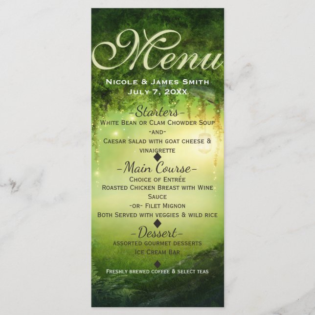Tarjeta de menú Boda encantada de Forest & Lights (Anverso)