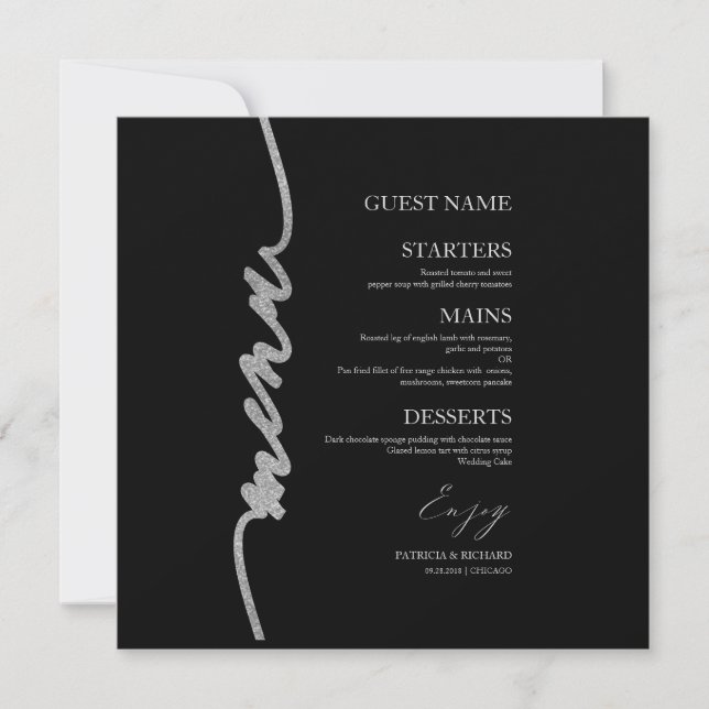Tarjeta de menú boda Faux Purpurina Plata Negro (Anverso)