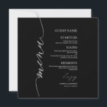 Tarjeta de menú boda Faux Purpurina Plata Negro<br><div class="desc">Una simple carta de boda de caligrafía de moda con nombre de invitado. NOTA: personalizar esta plantilla una por una (agregando el nombre de invitado ) y agrega cada carta de menú por separado a su carrito. PERSONALIZACIÓN: Si necesita personalización del diseño, póngase en contacto conmigo por chat; si necesita...</div>