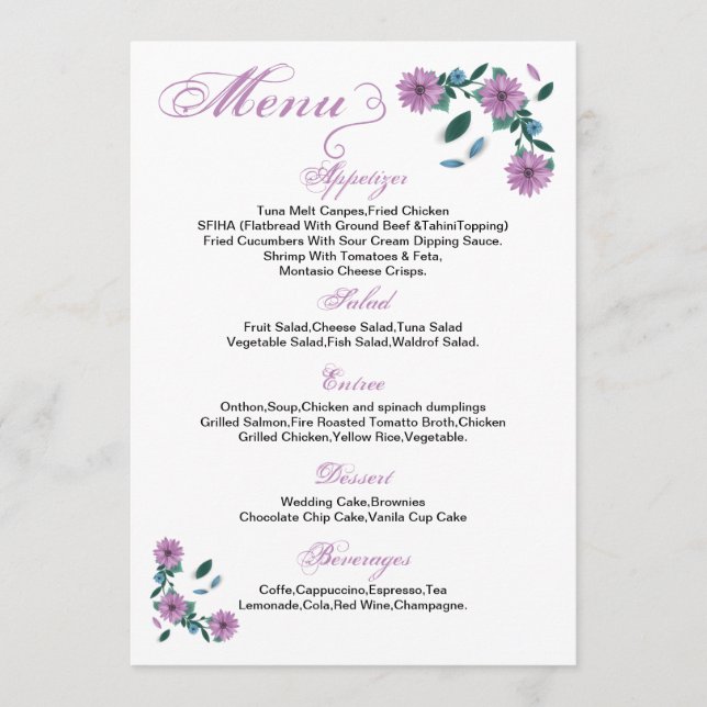 Tarjeta de menú Boda floral (Anverso)