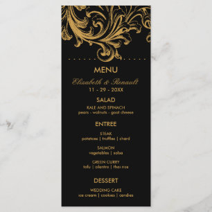 Tarjeta de menú Boda floral anticuado negro y dora