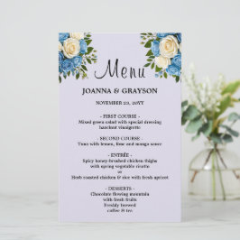 Tarjeta de menú Boda floral azul y blanco