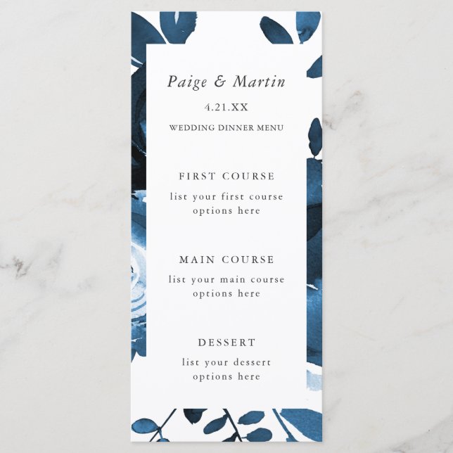 Tarjeta de menú Boda floral azul y blanco (Anverso)