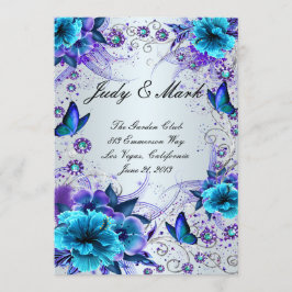 Tarjeta De Menú Boda Floral Azul Y Mariposa