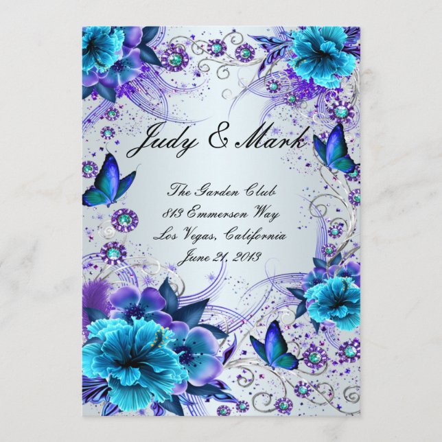 Tarjeta De Menú Boda Floral Azul Y Mariposa (Anverso)