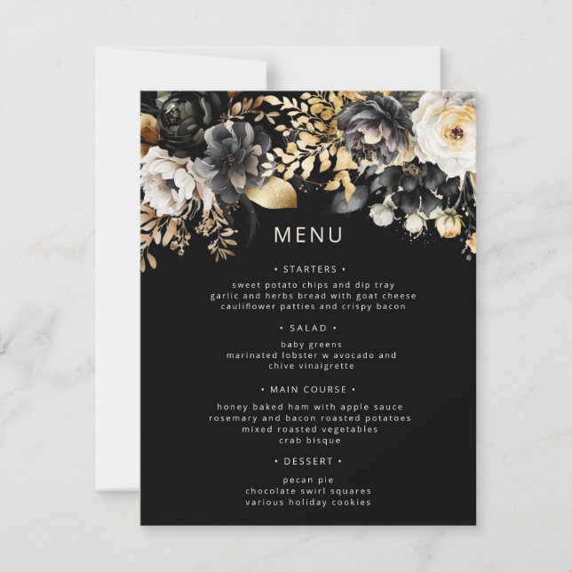Tarjeta de menú Boda floral Black Gold Luxe (Anverso)
