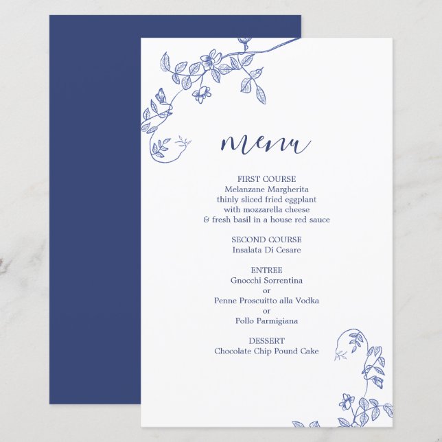 Tarjeta de menú boda floral Blue Victorian (Anverso / Reverso)