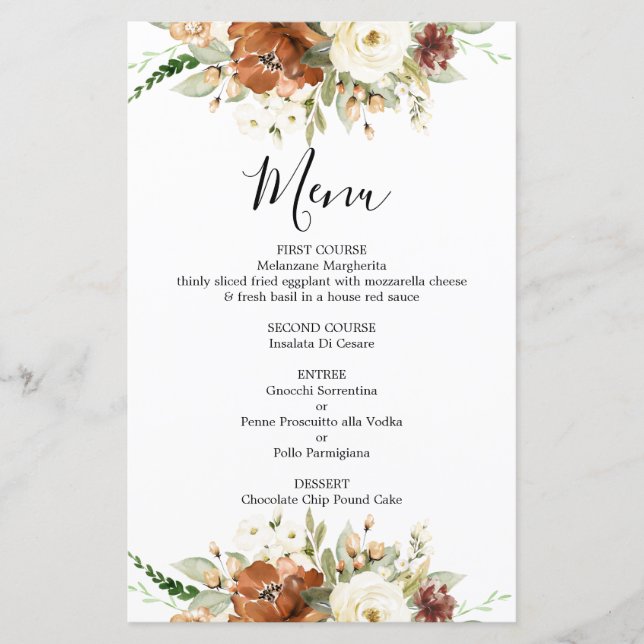 Tarjeta de menú boda floral de caída (Anverso)