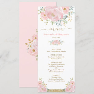 Tarjeta de menú Boda floral de color rosa suave de