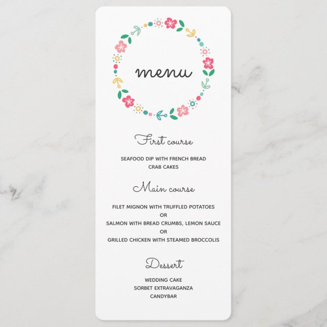 Tarjeta de menú boda floral de corona (Anverso)