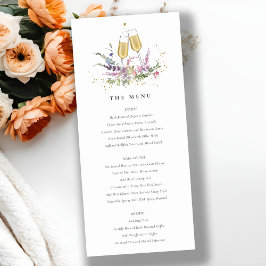 Tarjeta de menú Boda floral de lentes de vino dora
