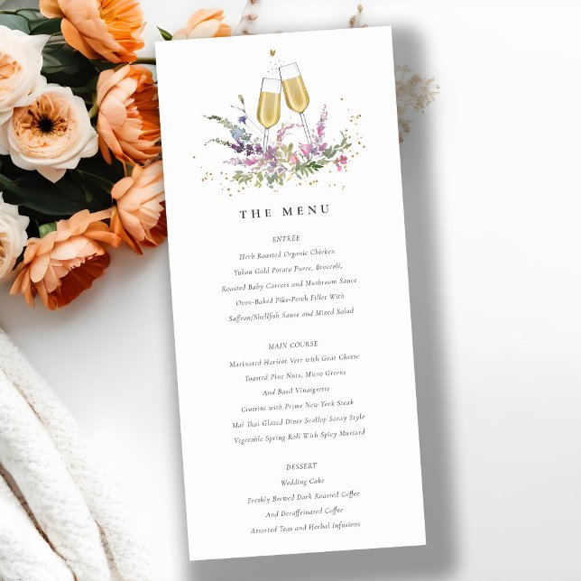Tarjeta de menú Boda floral de lentes de vino dora (Subido por el creador)