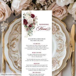 Tarjeta de menú boda floral de oro rojo intenso Bo
