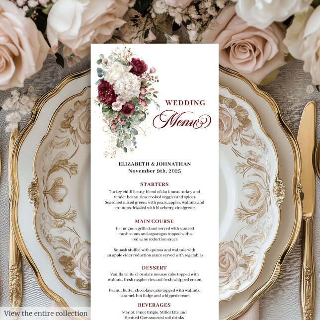 Tarjeta de menú boda floral de oro rojo intenso Bo (Boho deep red white gold floral wedding menu card

)