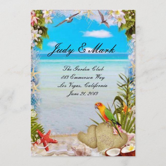 Tarjeta de menú Boda floral de playa tropical (Anverso)