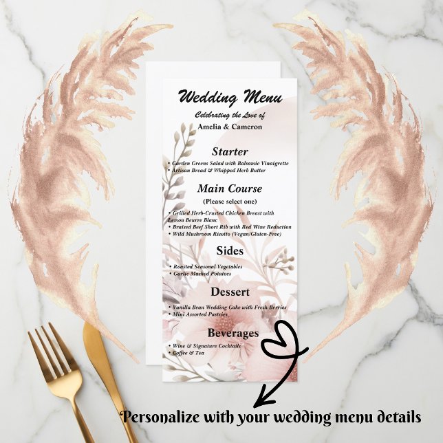 Tarjeta de menú Boda floral de Rubor Boho (Set the tone for your romantic celebration with our elegant boho blush & beige wedding suite)