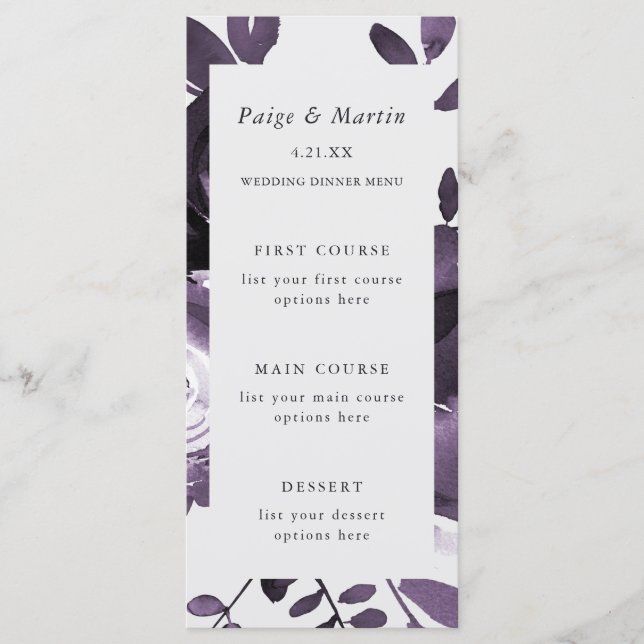 Tarjeta de menú Boda floral morado y gris (Anverso)