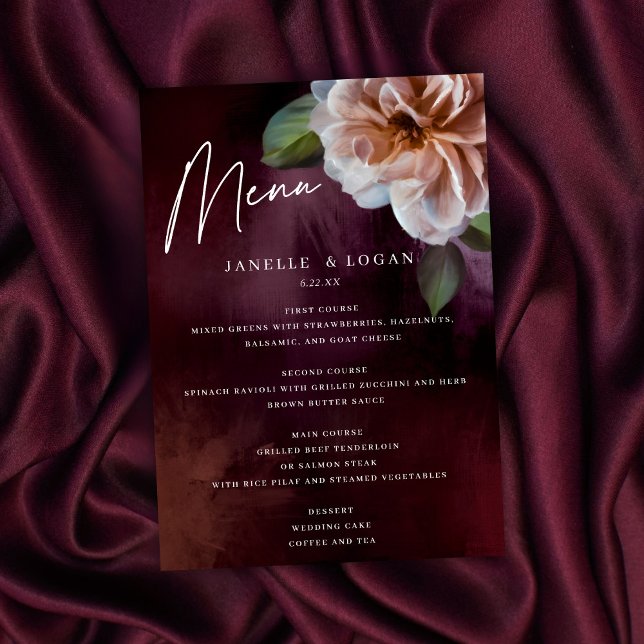 Tarjeta de menú Boda floral oscuro + amoroso (Subido por el creador)