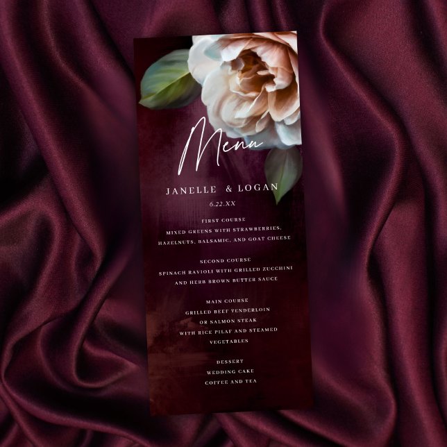 Tarjeta de menú Boda floral oscuro + amoroso (Subido por el creador)