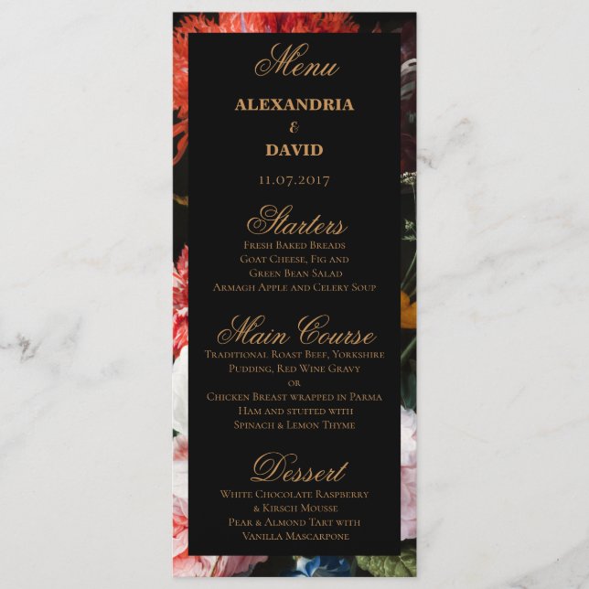 Tarjeta de menú Boda floral oscuro rojo y negro (Anverso)