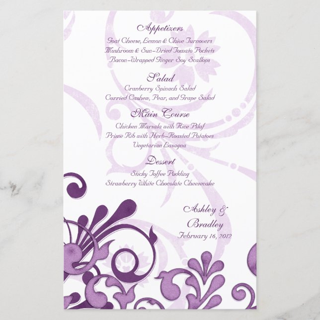 Tarjeta de menú Boda floral púrpura y blanca (Anverso)