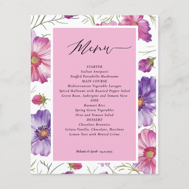 Tarjeta de menú Boda floral púrpura y rosa de pres (Anverso)