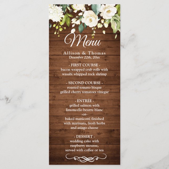 Tarjeta de menú Boda floral rústico de rosa blanca (Anverso)